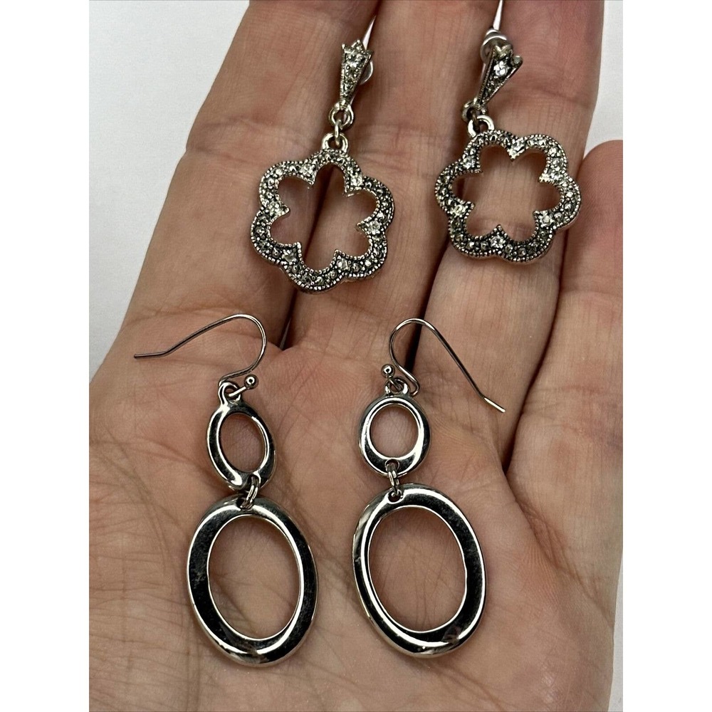 Silver Tone Dangle Earrings Stamped IS Faux Marcasite Flower Post Dangle 2 Pair